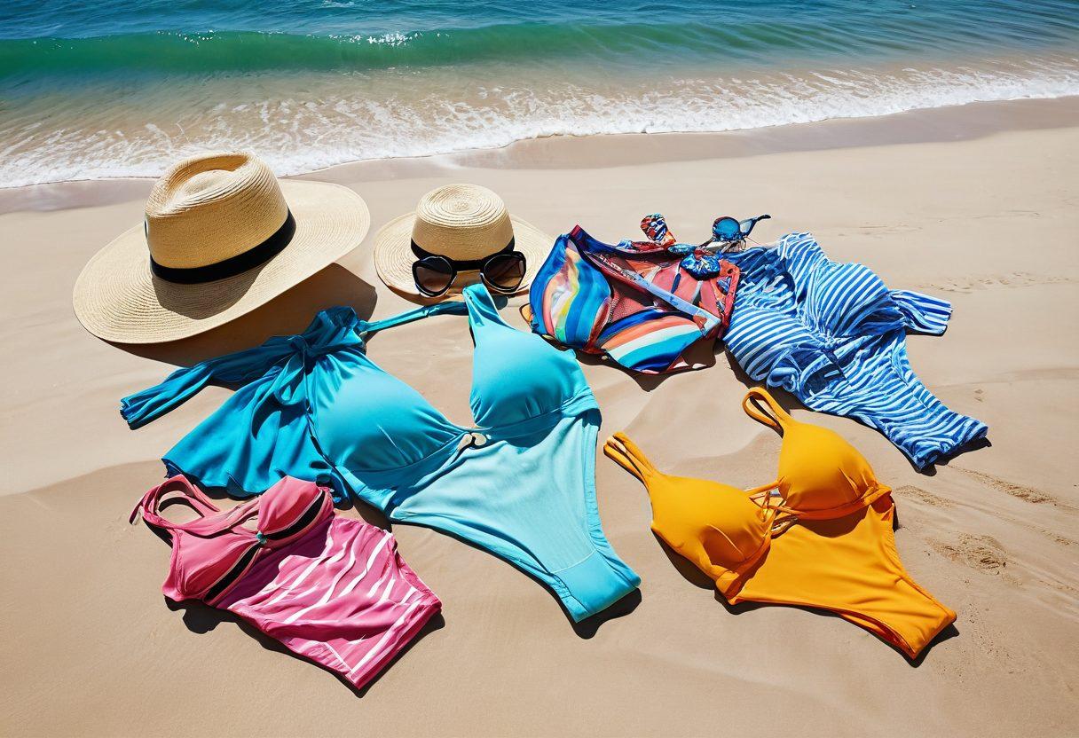 A dreamy beach scene featuring a variety of vibrant beachwear laid out on soft, golden sand. Include chic bikinis in a rainbow of colors, stylish cover-ups fluttering in the ocean breeze, and a sunhat and sunglasses to complete the look. Soft waves and a clear blue sky in the background, inviting a sense of relaxation and summer fun. super-realistic. vibrant colors. bright daylight.